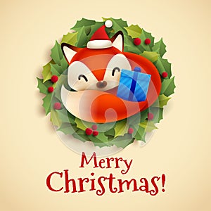 Christmas Greeting Card with Cute Little Fox Curled up in the Wreath.