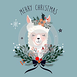 Christmas greeting card with cute llama and seasonal floral bouquet