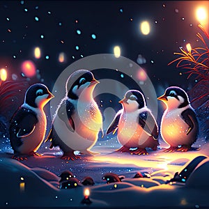 Christmas greeting card with cute penguins in snow. Vector illustration. generative AI