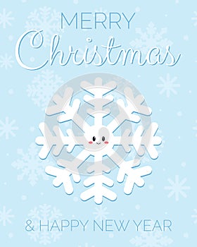 Christmas greeting card with cute snowflake and text. Christmas and New Year wish on blue background. Flat vector