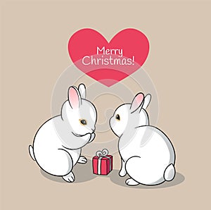 Christmas greeting card with cute white bunnies, heart and gift box. Christmas cute animals illustration