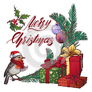 Christmas Greeting card. Decorated fir-tree brunch gift boxes and handwritten Merry Christmas sign. Accurate brightly