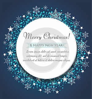 Christmas greeting card. Decorative blue ball with snowflakes and confetti.