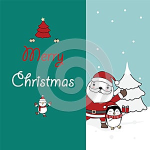 Christmas greeting card design background with santa claus and cute baby penguin animal cartoon with santa costume. Hand drawn