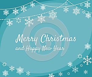 Christmas greeting card design with border from hanging white various snowflakes and stars in simple flat retro style on