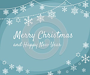 Christmas greeting card design with border from hanging white various snowflakes and stars in simple flat retro style on