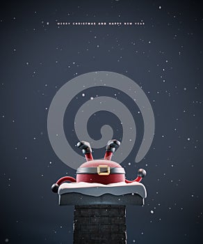 Christmas greeting card design. Santa Claus stuck in the chimney with text and copy space on dark gray background.