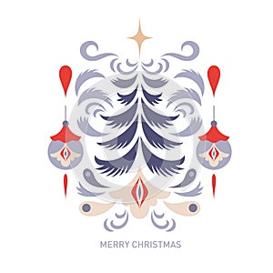 Christmas Greeting card design . Stylized fir tree and ornamental elements.