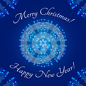 Christmas greeting card design template, glowing snowflake stylized round ornament and text