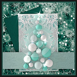 Christmas greeting card, design of xmas balls and snowflakes with glitter confetti on green background