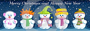 Christmas greeting card with different snowmen.