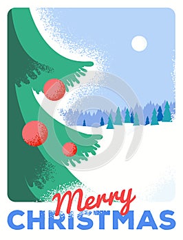 Christmas greeting card with fir, retro styled with scratched paper