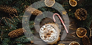 Christmas greeting card with fir tree and hot chocolate with marshmallow on wooden table. Top view.