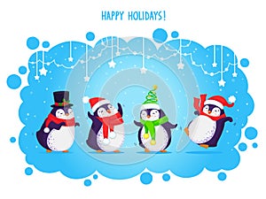 Christmas greeting card with four cartoon penguins. New year vector illustration with text Happy holidays