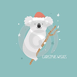 Christmas greeting card with funny koala sitting in a Santa hat