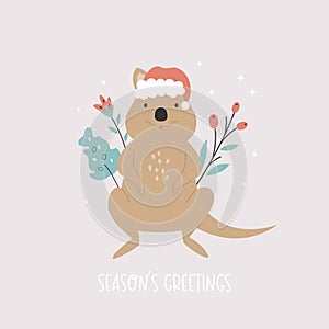 Christmas greeting card with funny quokka sitting in a Santa hat