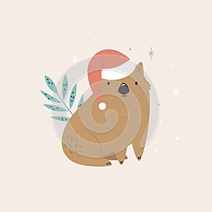 Christmas greeting card with funny wombat sitting in a Santa hat