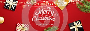 Christmas greeting card with gift boxes on red background. Use for posters, cover, banner