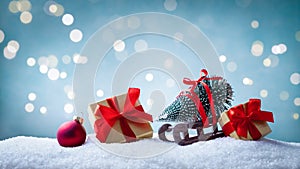 Christmas greeting card. Gift boxes and sledge with decorative fir tree in snowy background. Holiday banner