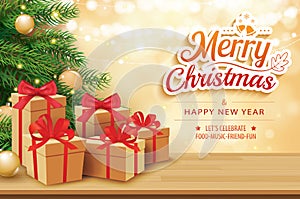 Christmas greeting card with gifts boxes on wooden table and tree bokeh background. Xmas and happy new year.