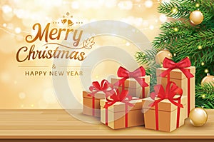 Christmas greeting card with gifts boxes on wooden table and tree bokeh background. Xmas and happy new year