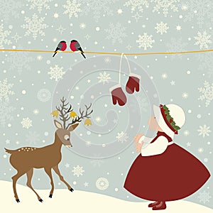 Christmas greeting card with girl and deer photo