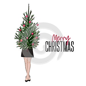 Christmas greeting card girl holding New Year tree decorated with balls. Vector woman stylish outfit on holidays