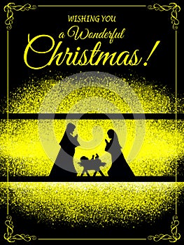 Christmas greeting card glitter background with Nativity Scene