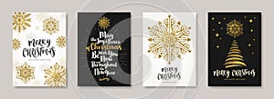 Christmas greeting card with glitter gold snowflakes, christmas tree and holiday wishes. Set of Christmas posters.