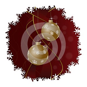 Christmas greeting card, gold balls and snowflakes