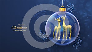 Christmas greeting card. Golden deers in a transparent glass ball. Shining showflakes, glitter confetti. New Year Xmas blue