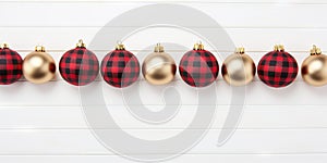 Christmas greeting card with golden and red baubles on white wooden background. Generative AI