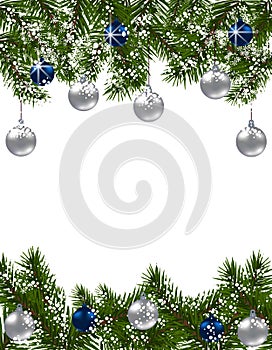 Christmas greeting card. Green fir branches with silver balls on white background. Christmas decorations. illustration