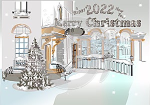 Christmas greeting card. Hand drawn vector Illustration of the snowy street with a diamond car. Shiny Vector luxury text 2022 from