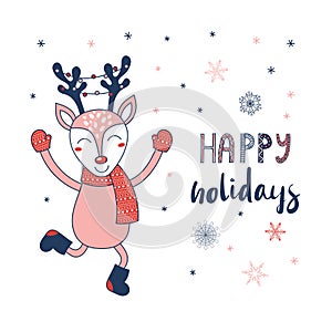 Christmas greeting card with happy deer