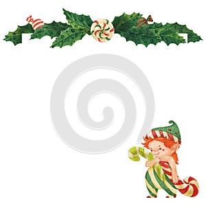 Christmas greeting card with holly and elf wih candy canes