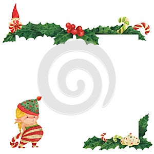 Christmas greeting card with holly and girl elf wih candy cane