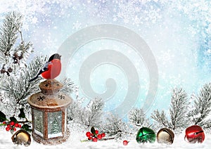 Christmas greeting card with Ñhristmas bells, bullfinch, lantern, pine branches and snow