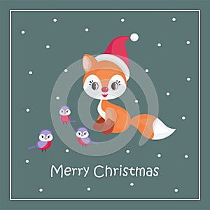 Christmas greeting card with red fox and birds