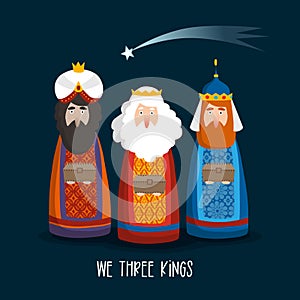 Christmas greeting card, invitation. Cute three magi bringing gifts. Biblical kings Caspar, Melchior, Balthazar and