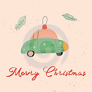 Christmas greeting card or invitation design with retro car. Snow and spruce branches on the background.