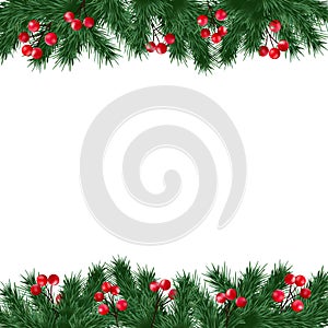 Christmas greeting card, invitation with fir tree branches and holly berries border on white background