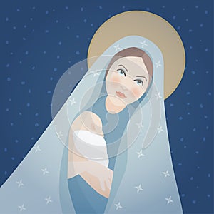 Christmas greeting card, invitation. Saint Mary and baby Jesus Christ. Mother holding her little child. Biblical vector