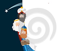 Christmas greeting card, invitation. Three magi bringing gifts. Biblical kings Caspar, Melchior, Balthazar and comet