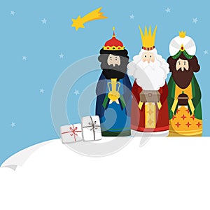 Christmas greeting card, invitation. Three magi bringing gifts and falling star. Biblical kings Caspar, Melchior photo