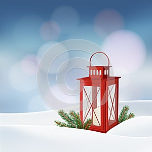 Christmas greeting card, invitation. Winter scene with red lantern, burning candle, Christmas tree branches, twigs, snow.