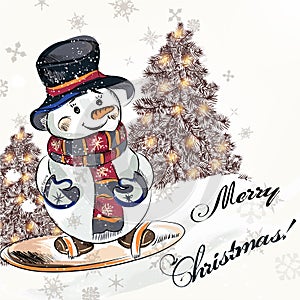 Christmas greeting card with little pretty snowmen on a snowboa