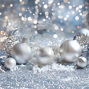 Christmas greeting card made of New Year balls and tinsel in silver colors