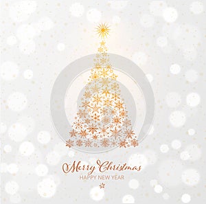 Christmas greeting card with magic christmas tree and snowflakes on white glowing background. Design template with