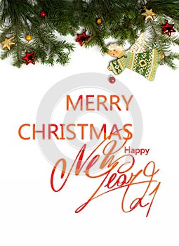 Christmas greeting card. Merry Christmas and happy new year. text with Christmas evergreen branches and Christmas tree toys on a